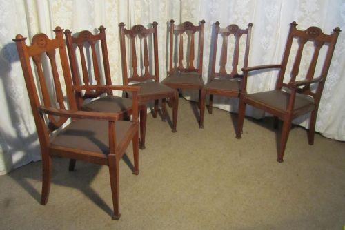 set of 6 art nouveau oak high back dining chairs