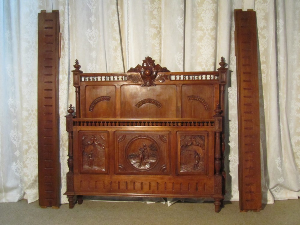 breton carved oak and chestnut marriage double bed