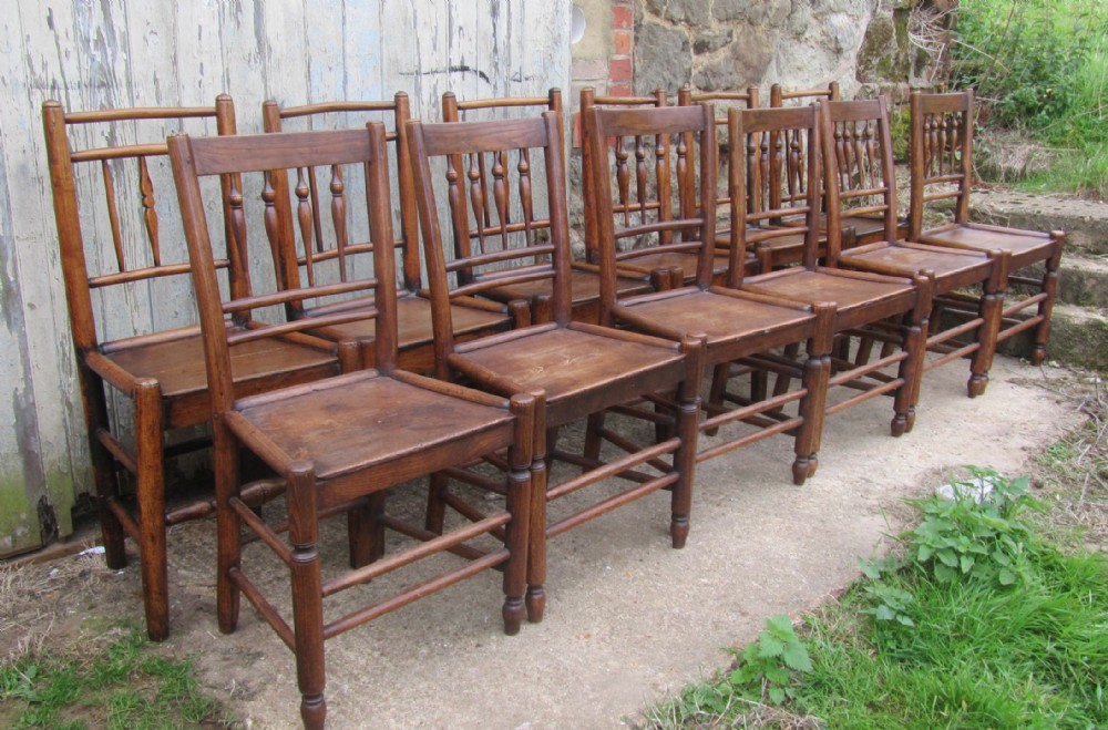 2 sets of 6 early 19th century clissett style elm and ash country chairs