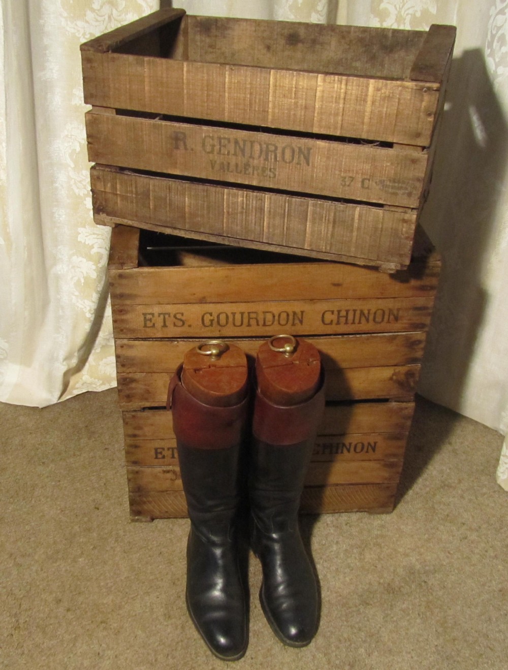 3 french wooden stamped apple boxes or apple crates