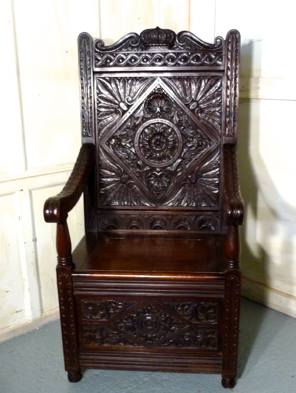 high back oak box settle wainscot throne hall chair