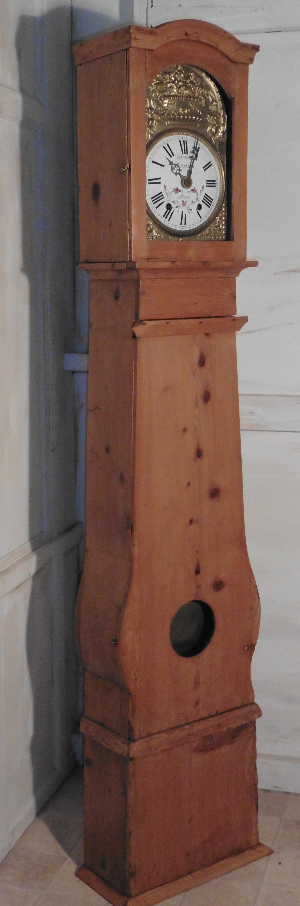 french long case or pine grandfather clock