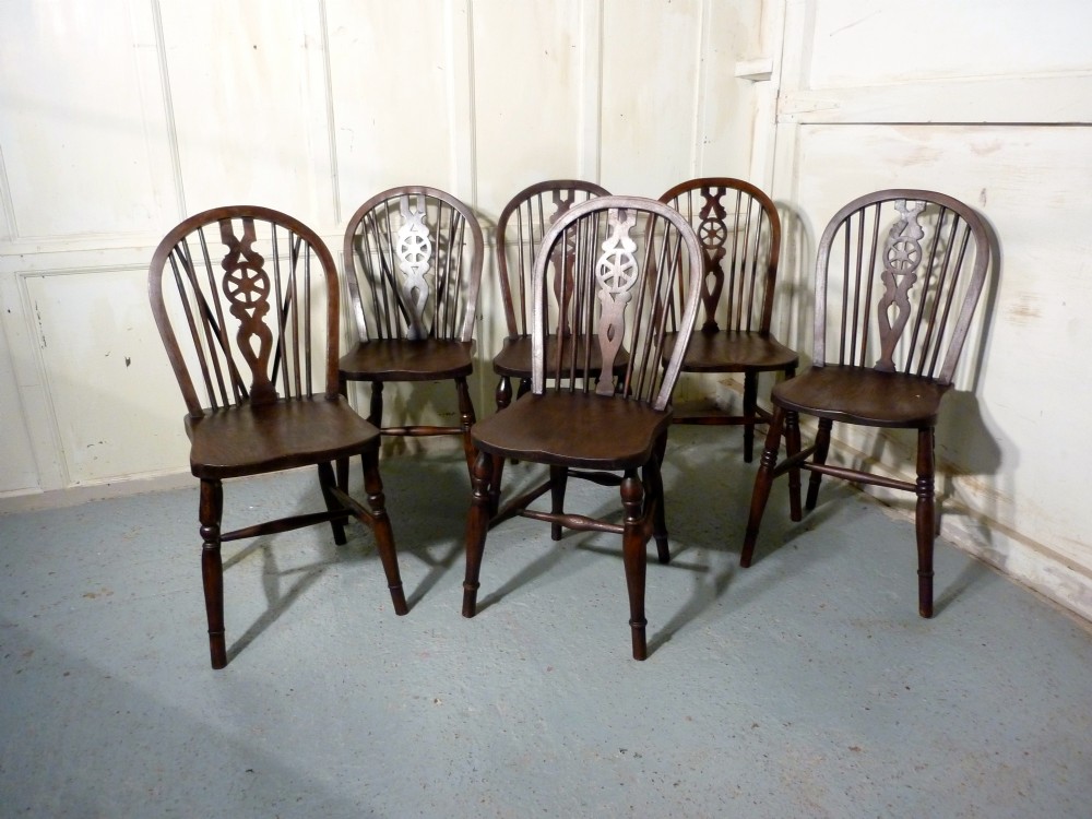 a harlequin set of 6 victorian beech elm wheel back windsor kitchen dining chairs