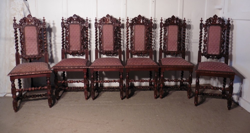 a good set of 6 victorian gothic jacobean style oak dining chairs