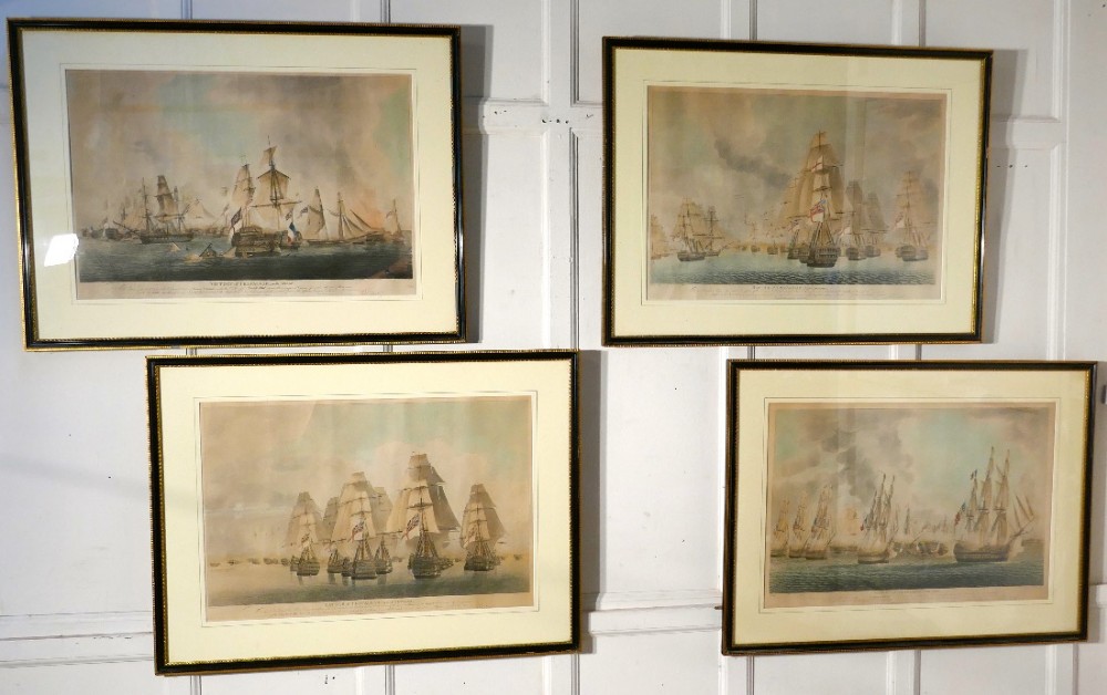 a set of 4 large framed prints with scenes from the battle of trafalgar by rob dodds