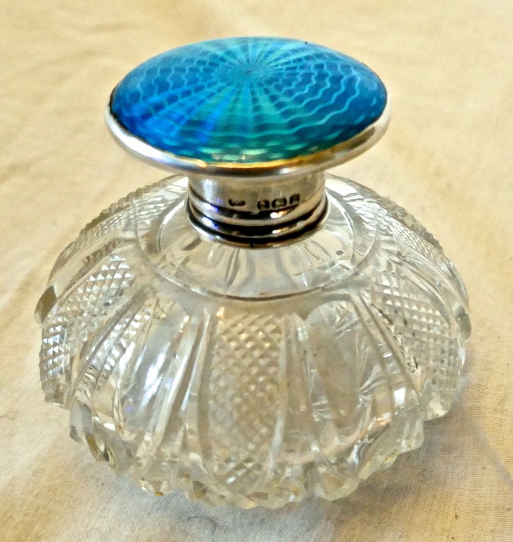 art deco english sterling silver and guilloche enamel scent bottle