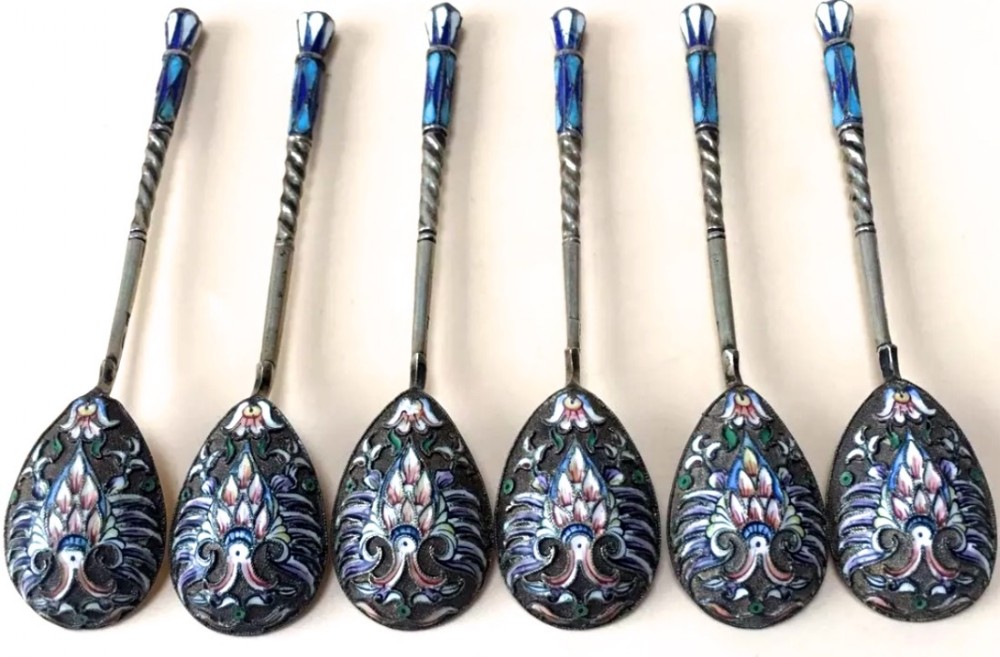 a good set of 6 russian imperial silver cloisonn enamel spoons