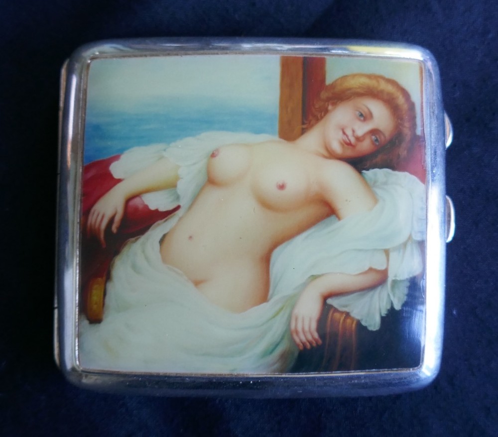 edwardian silver and risqu nude enamel cigarette or card case by joseph gloster ltd