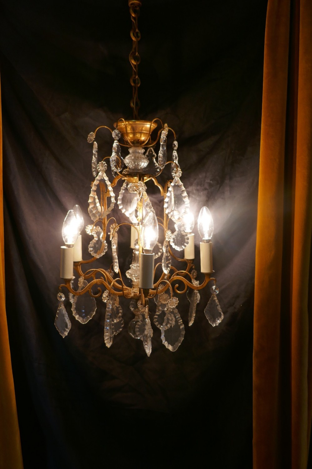 french cut glass 6 branch brass chandelier