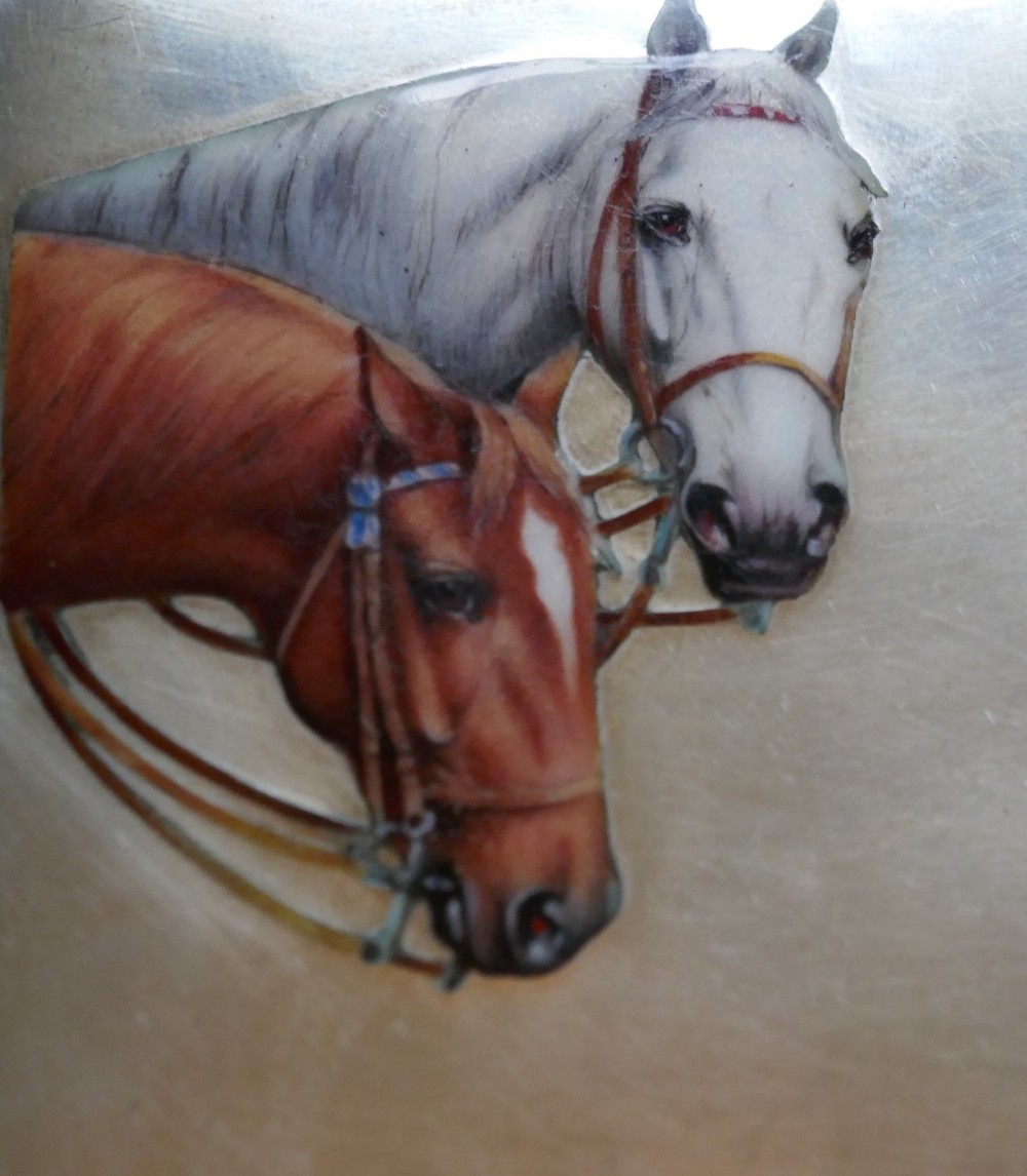 magnificent silver and enamel art deco horses cigarette case or card case