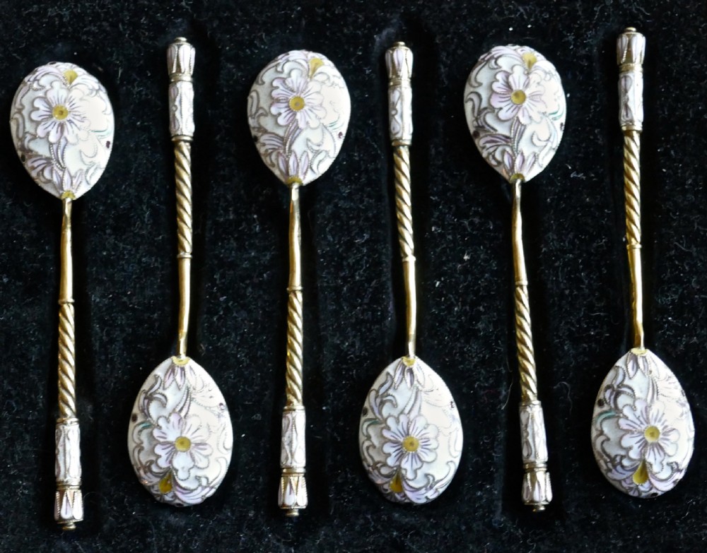 a good set of 6 russian imperial silver white cloisonn enamel spoons