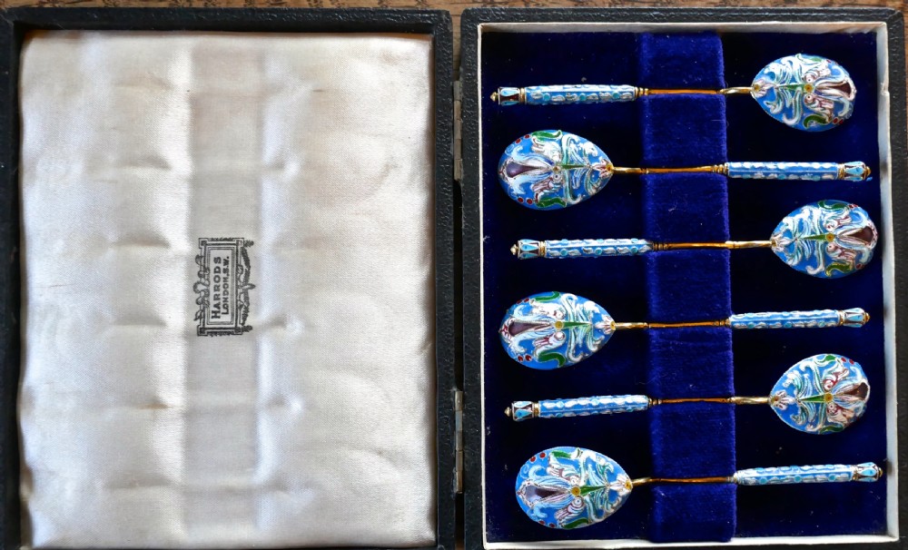 a good set of 6 russian imperial silver pale blue cloisonn enamel spoons