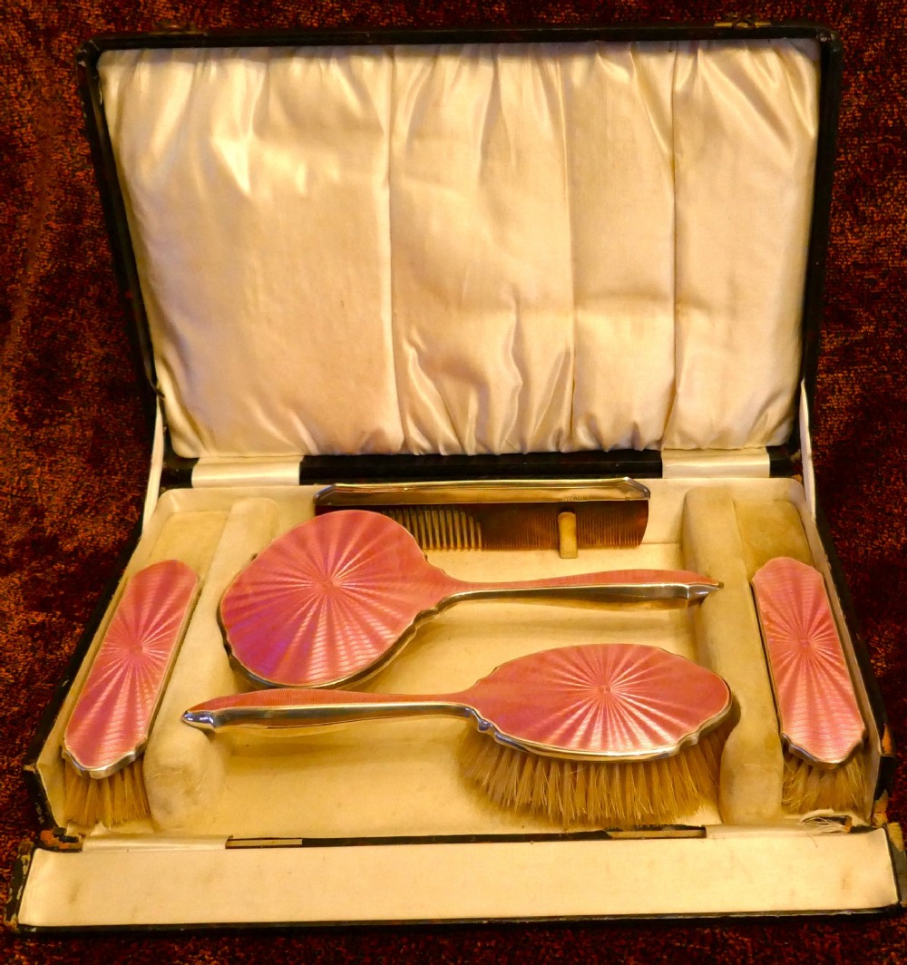 solid silver guilloch dressing table vanity set original box