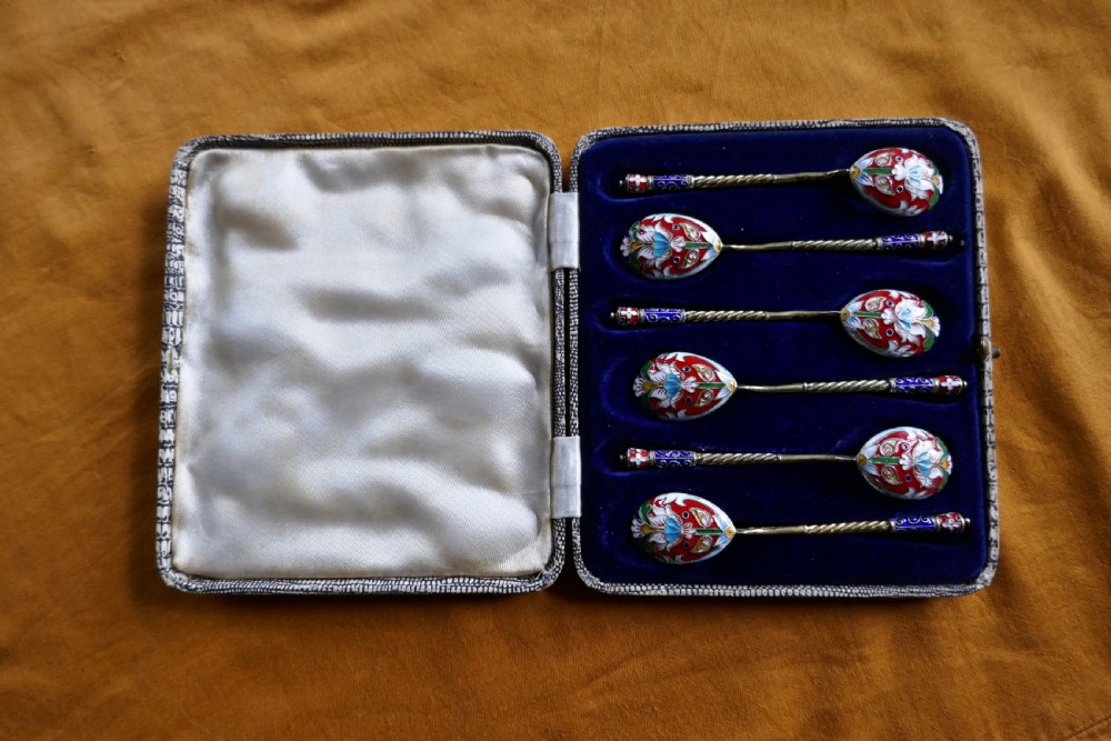 a good set of 6 russian imperial silver polychrome cloisonn enamel spoons