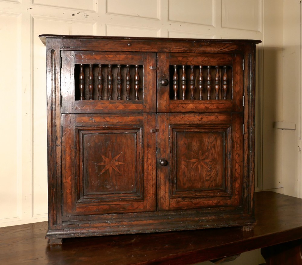 18th century antique inlaid elm food cupboard bread hutch