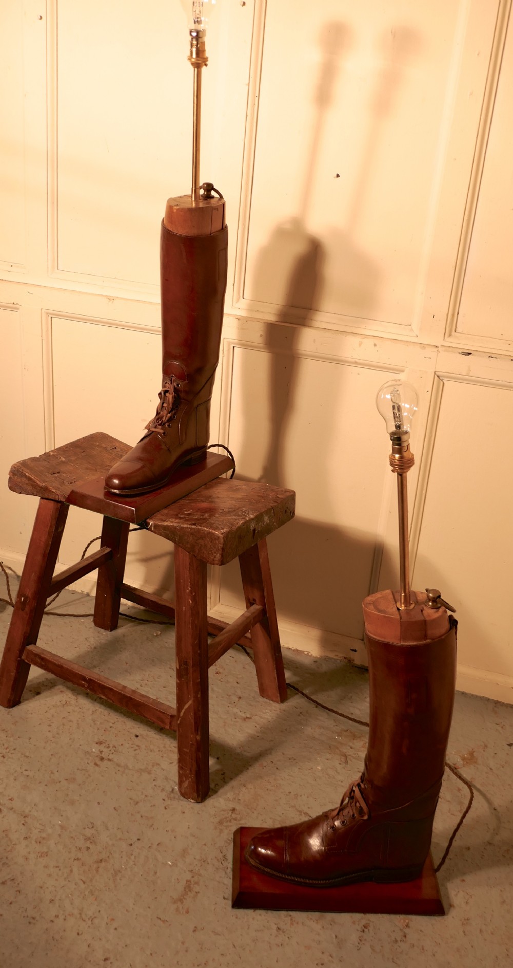 pair of boot lamps made from early 20th century cavalry officers riding boots