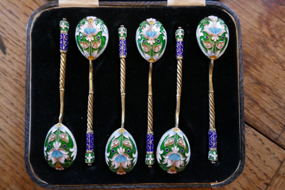 a good set of 6 russian imperial silver polychrome cloisonn enamel spoons
