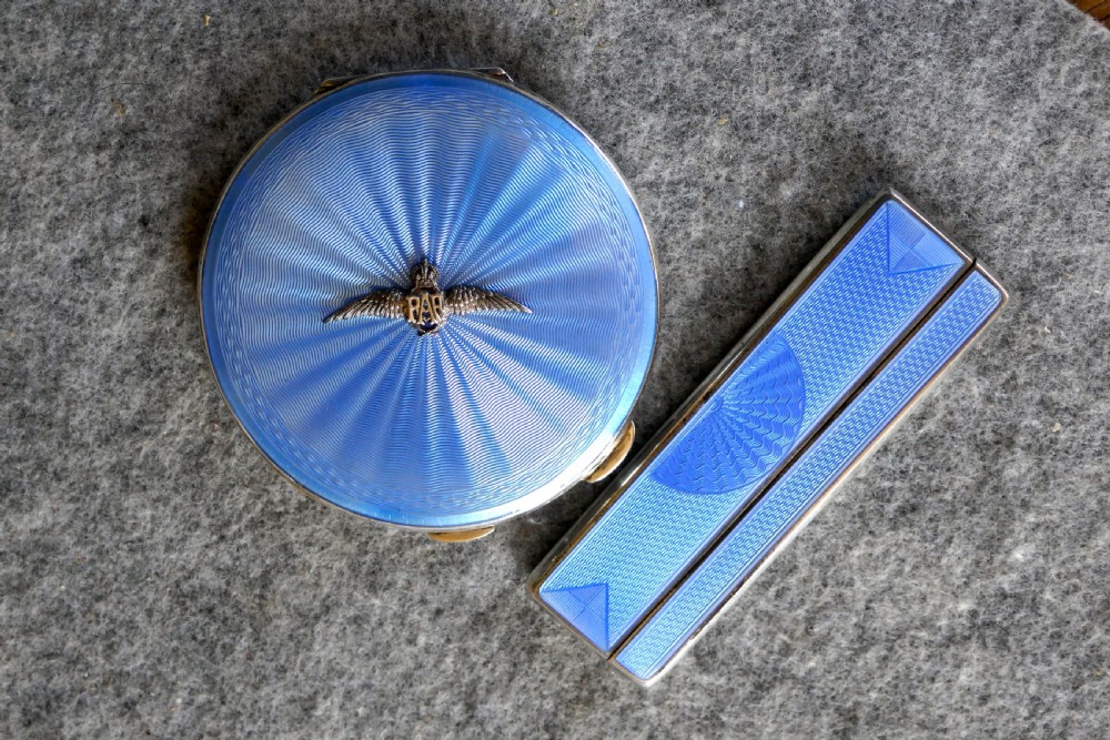 charming raf sterling silver and blue guilloche enamel compact case