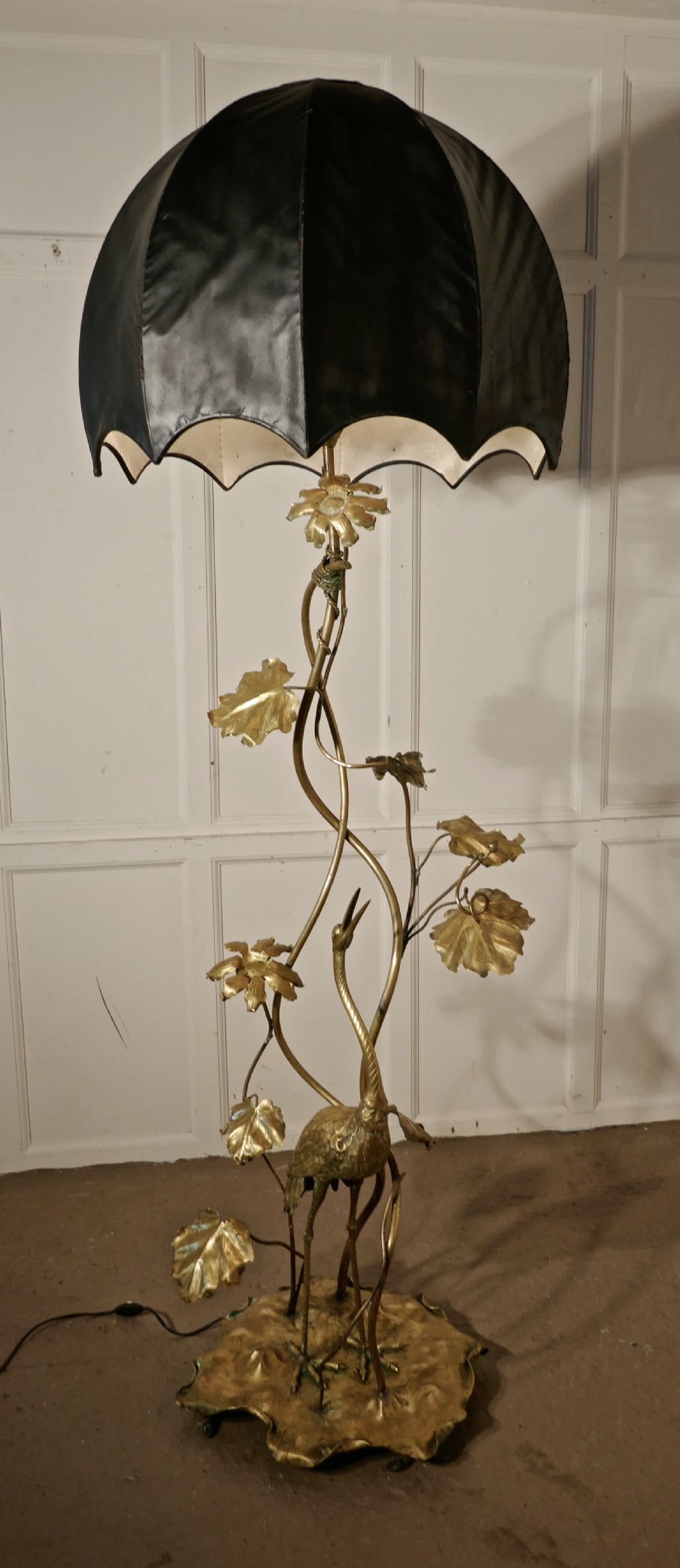very rare french art nouveau brass floor lamp with heron and water lilies