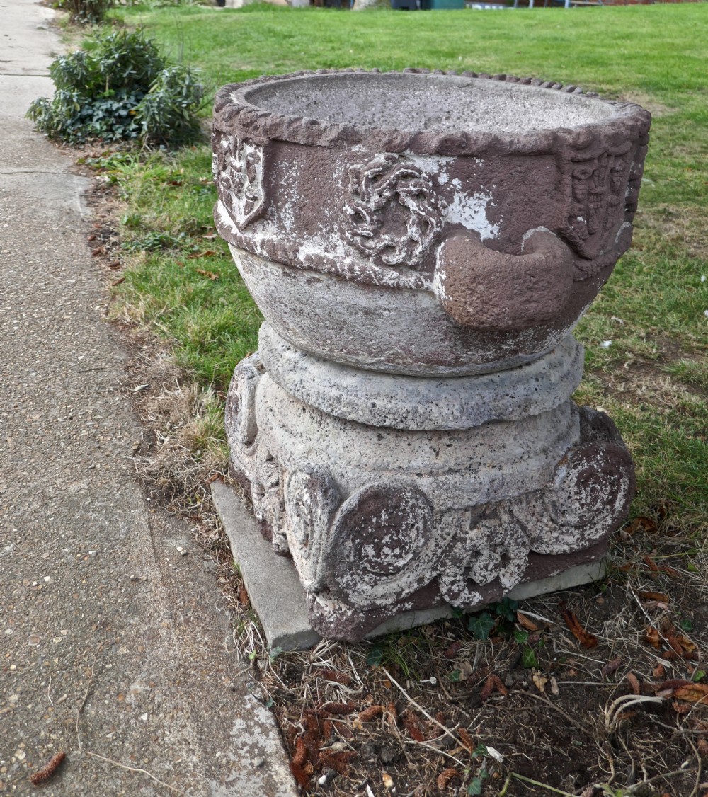 15th century weather worn istrian carved stone font from northern italy