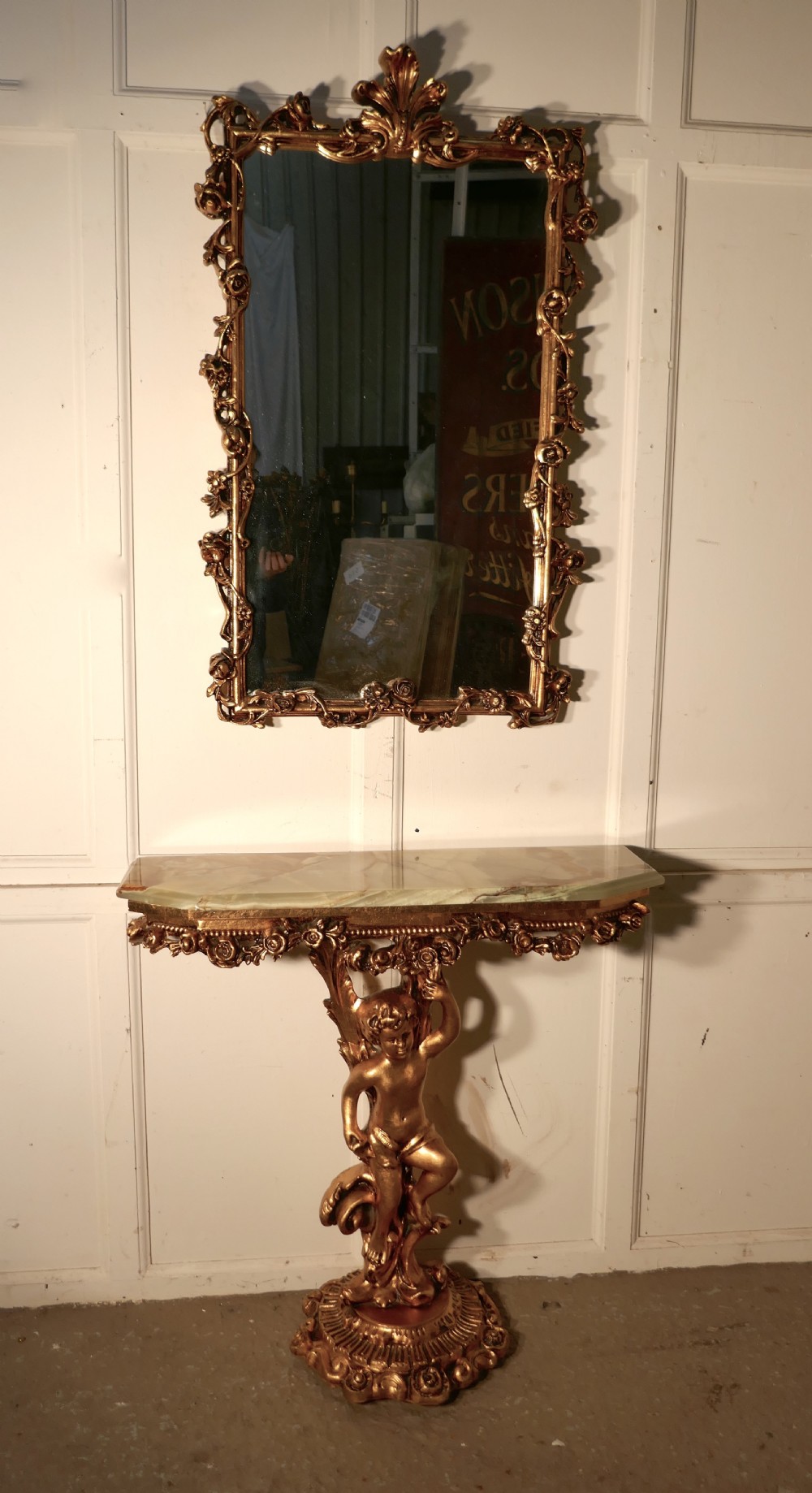french gilt rocco console or hall table and mirror putti pedestal