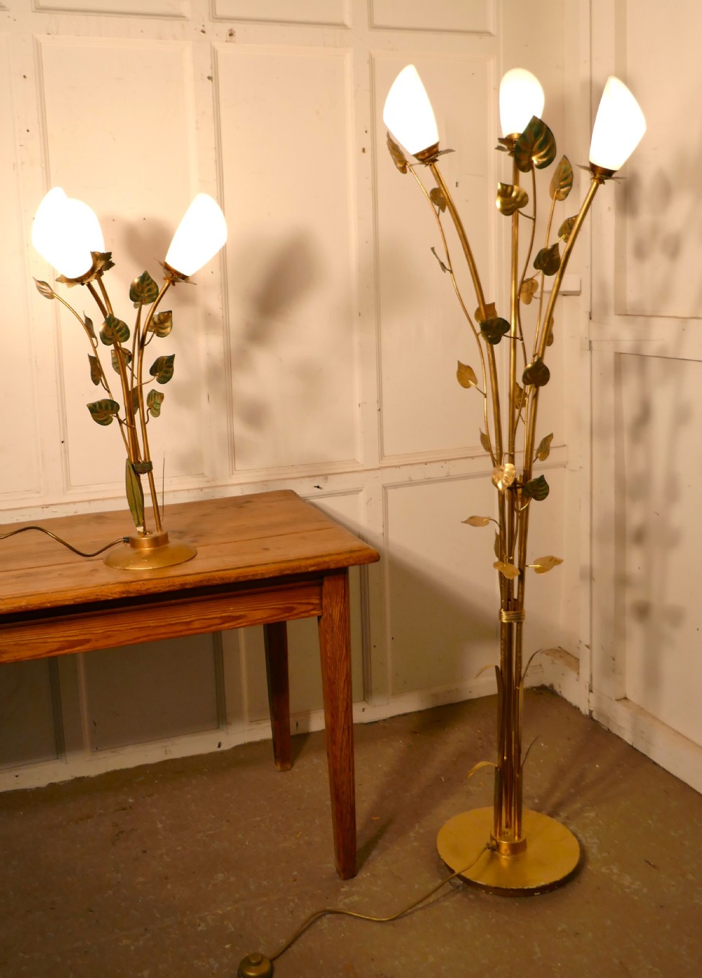 pair of french toleware lamps with leaves in the orangery style floor and table lamp