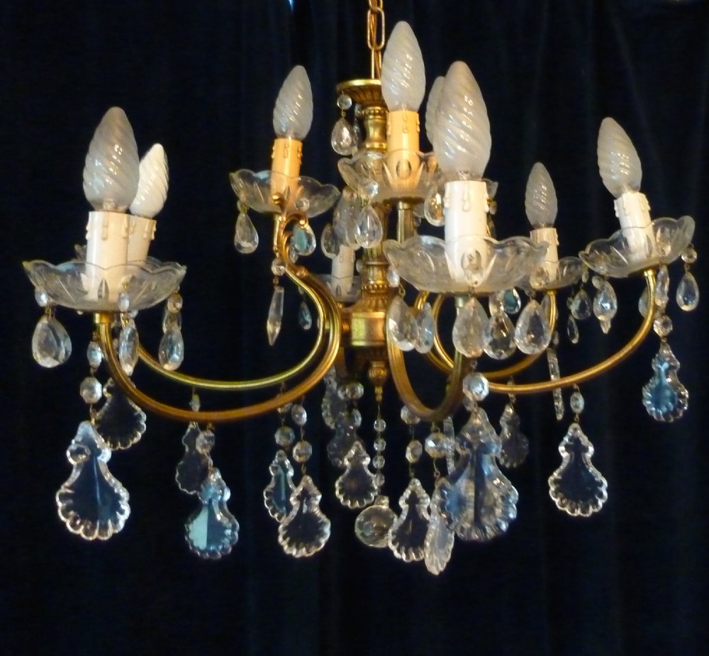 large french cut glass 9 lamp brass chandelier