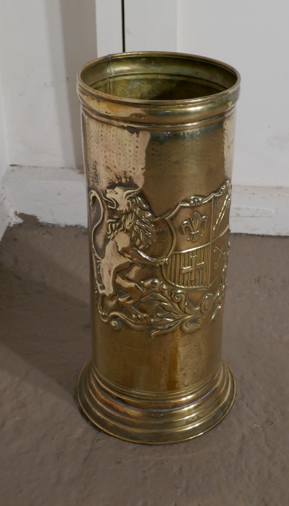 french arts and crafts embossed brass stick stand umbrella stand