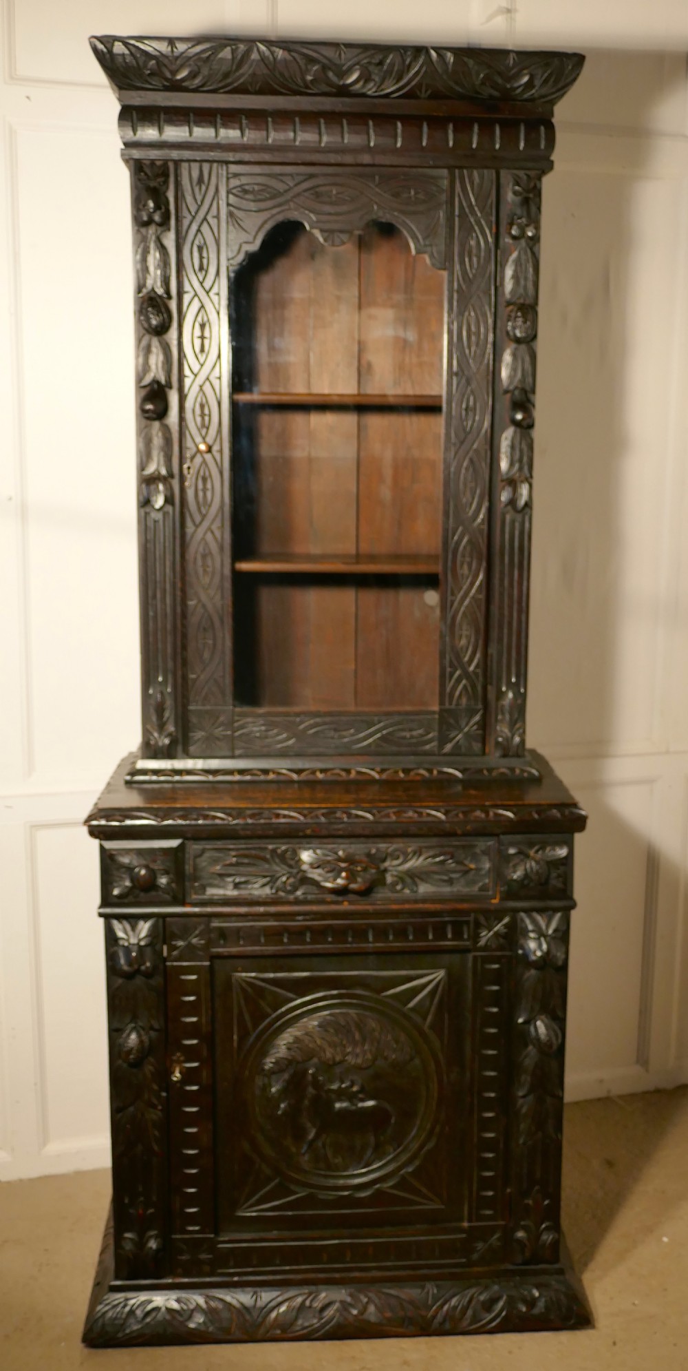 early victorian carved gothic oak alcove bookcase