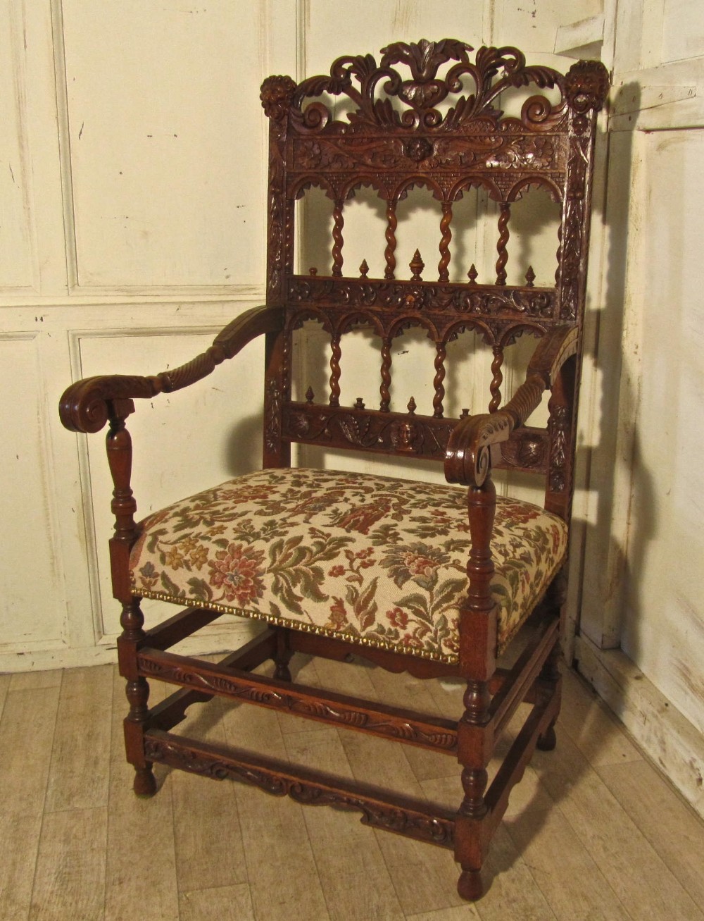 french 19th century carved oak arm chair throne or hall chair