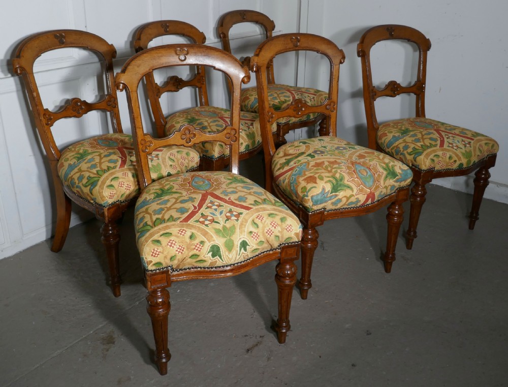 set of 6 arts and crafts gothic golden oak dining chairs
