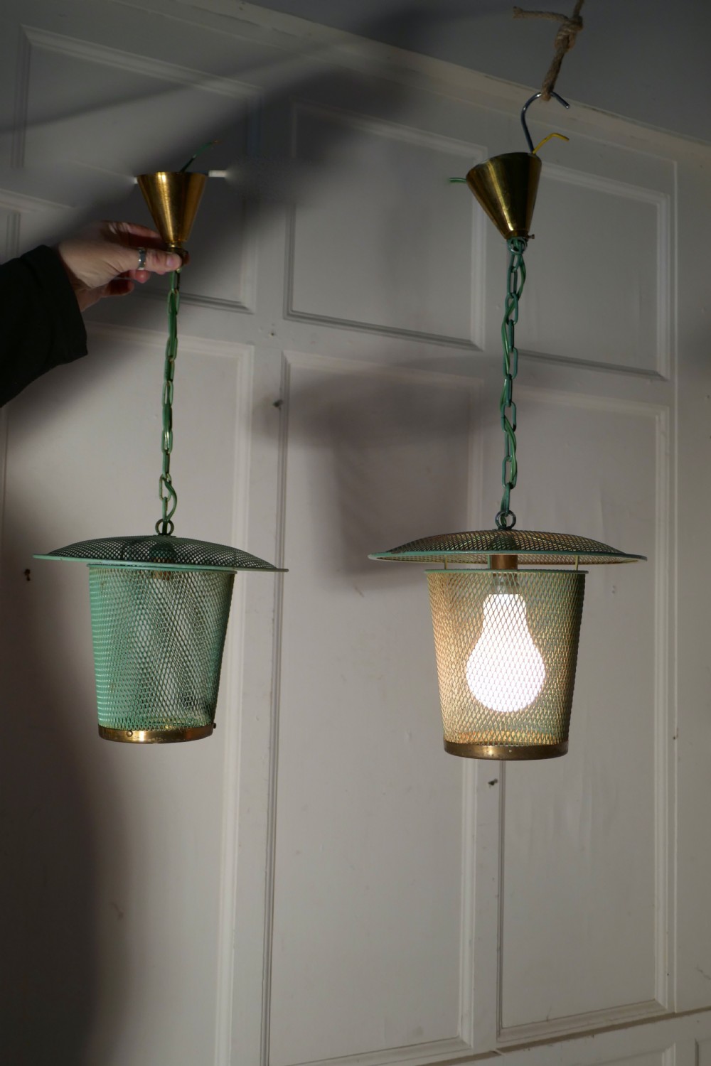 pair of 1950s green mesh vintage mid century modern sputnik ceiling light lanterns