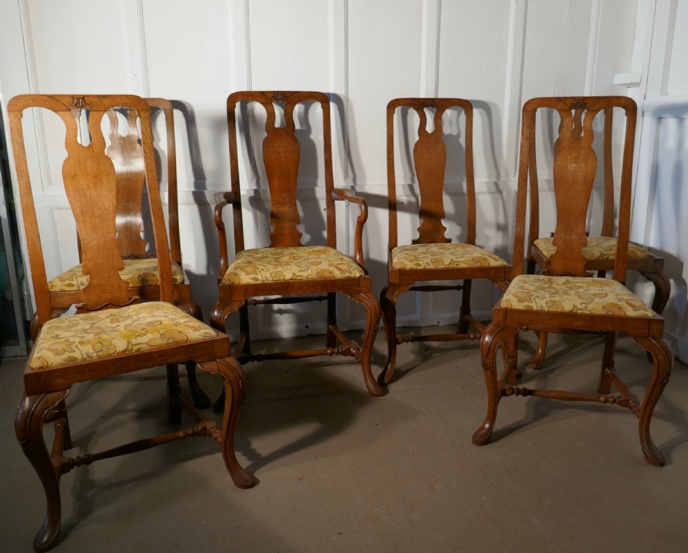 a set of six arts crafts queen ann style golden oak dining chairs