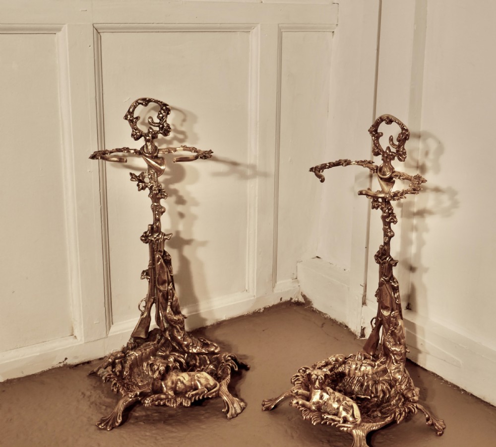 pair of unusual french hunting theme chasse brass stick stands