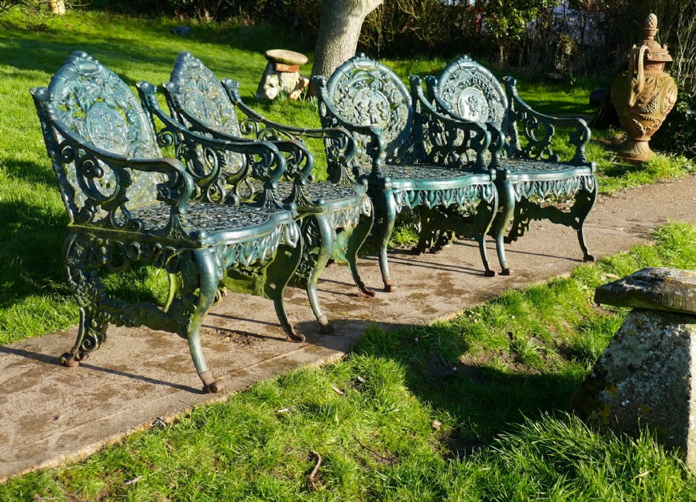 set of 4 cast iron garden arm chairs 4 seasons plaques on the backs