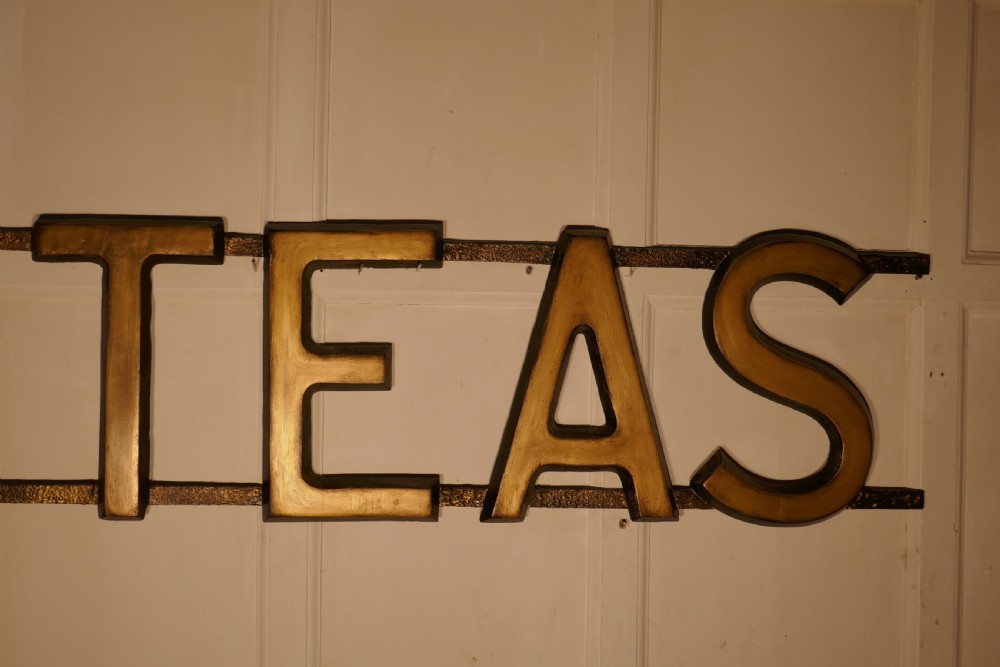 3 dimensional large gilt letter wooden tea shop sign