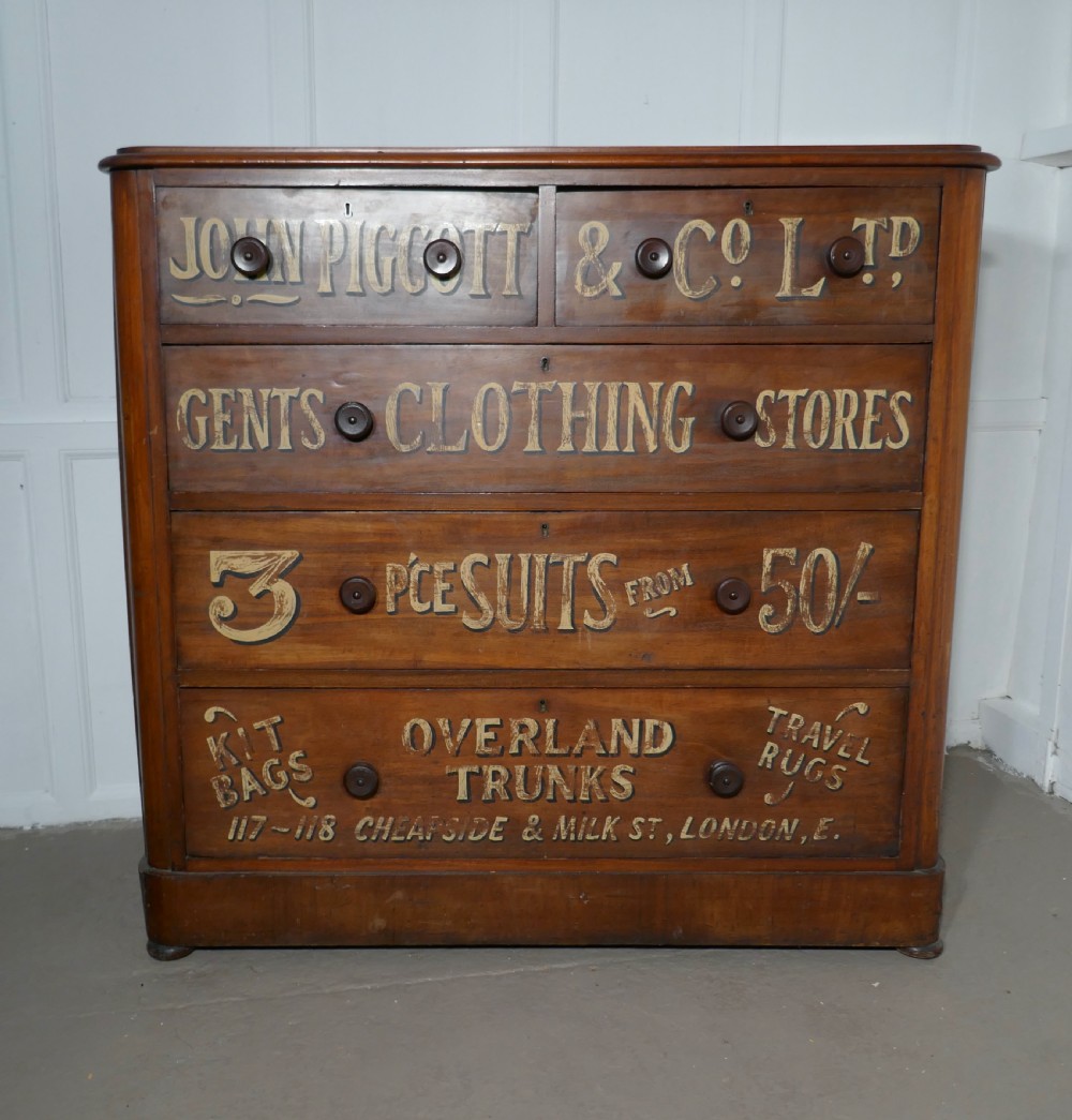 victorian mahogany sign painted chest of drawers john piggott co ltd gentlemans outfitter shop display