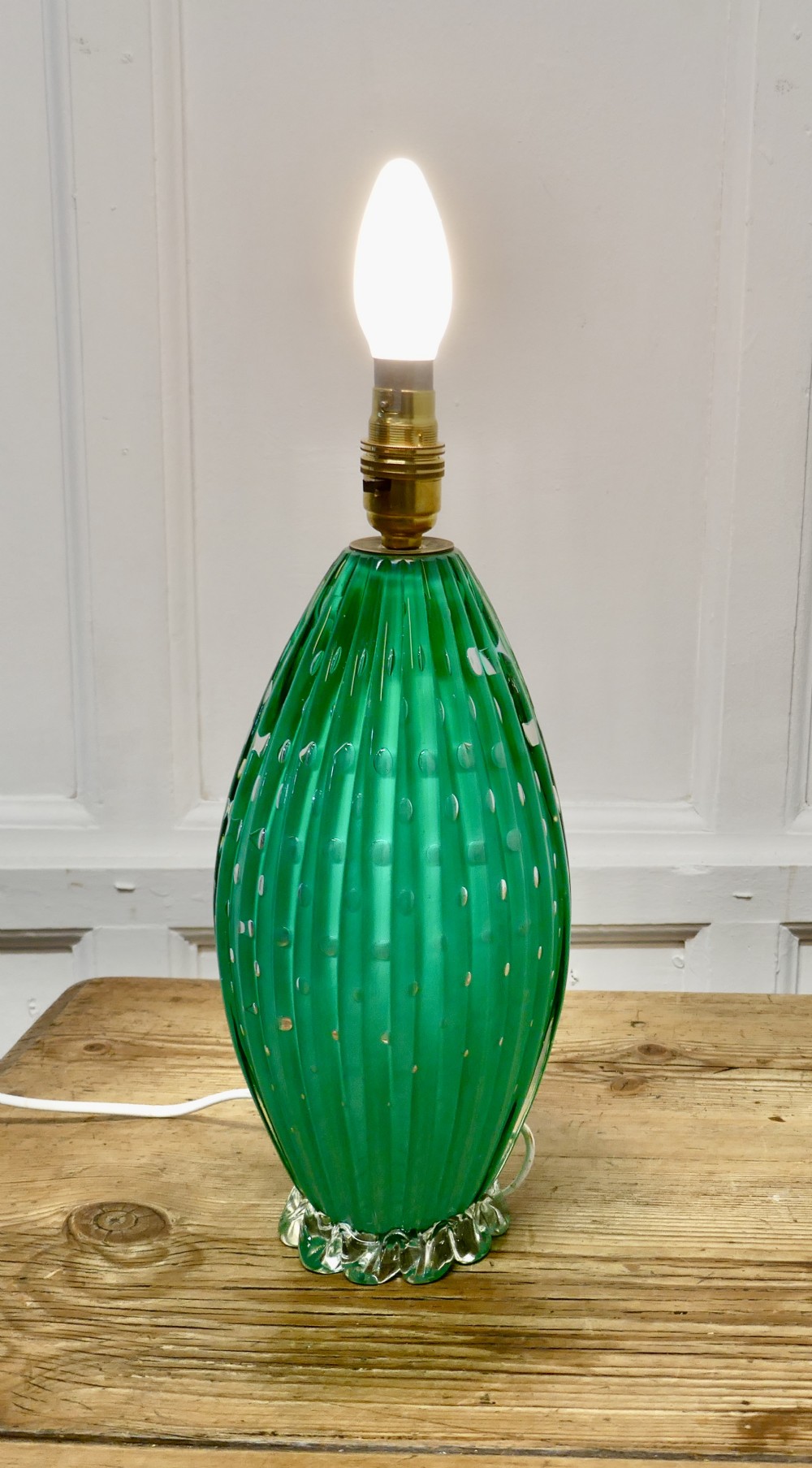 tall murano art deco turquoise glass lamp with controlled bubbles