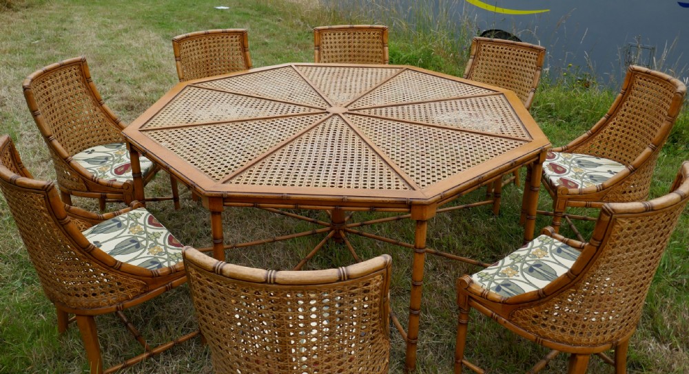 regency style simulated bamboo and bergr set of 8 chairs and octagonal table