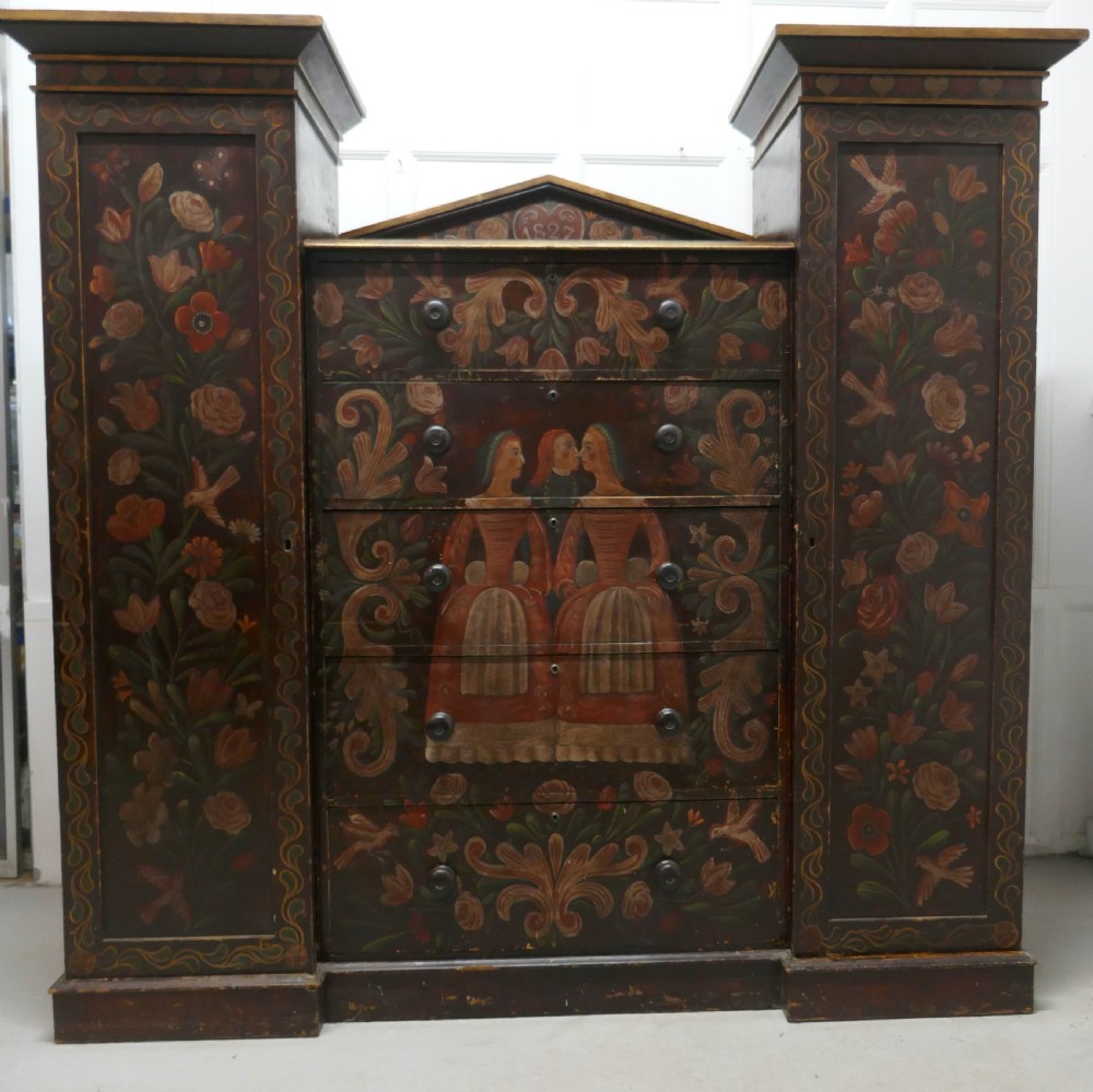 american 19th c painted folk art marriage chest hanging cupboard