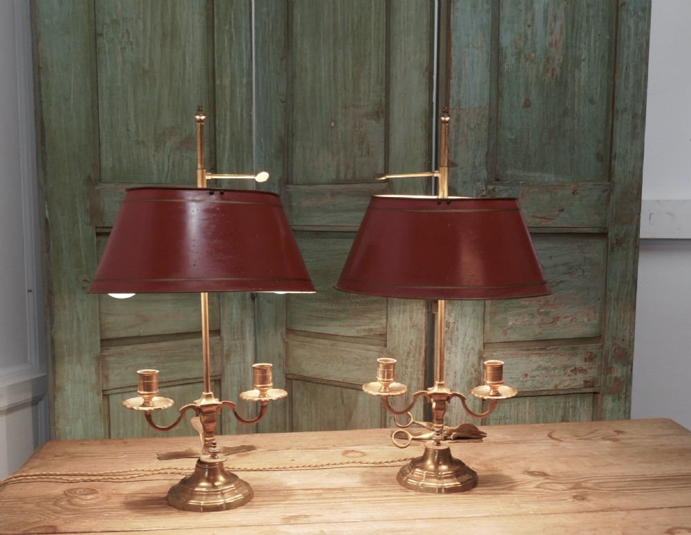 pair of french painted toleware and brass twin table lamps
