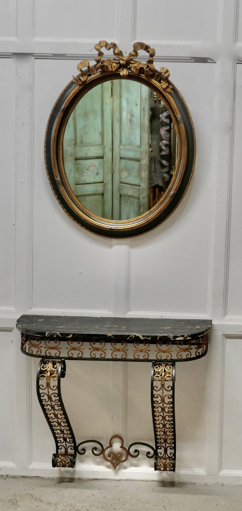 french iron and marble console table with matching mirror