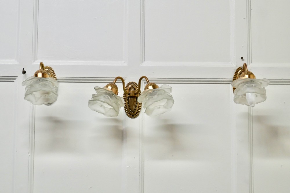 brass wall light set with flower shades 1 double and 2 single lights