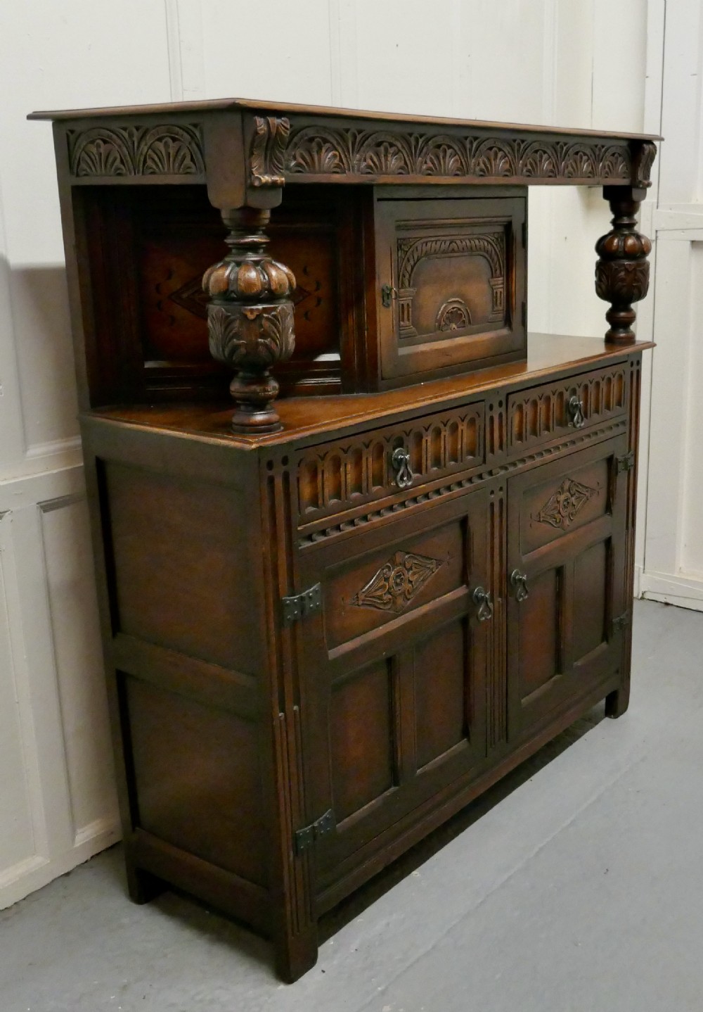 19th century arts and crafts gothic carved oak court cupboard
