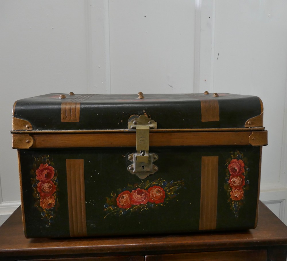 decorative victorian painted tin travel trunk