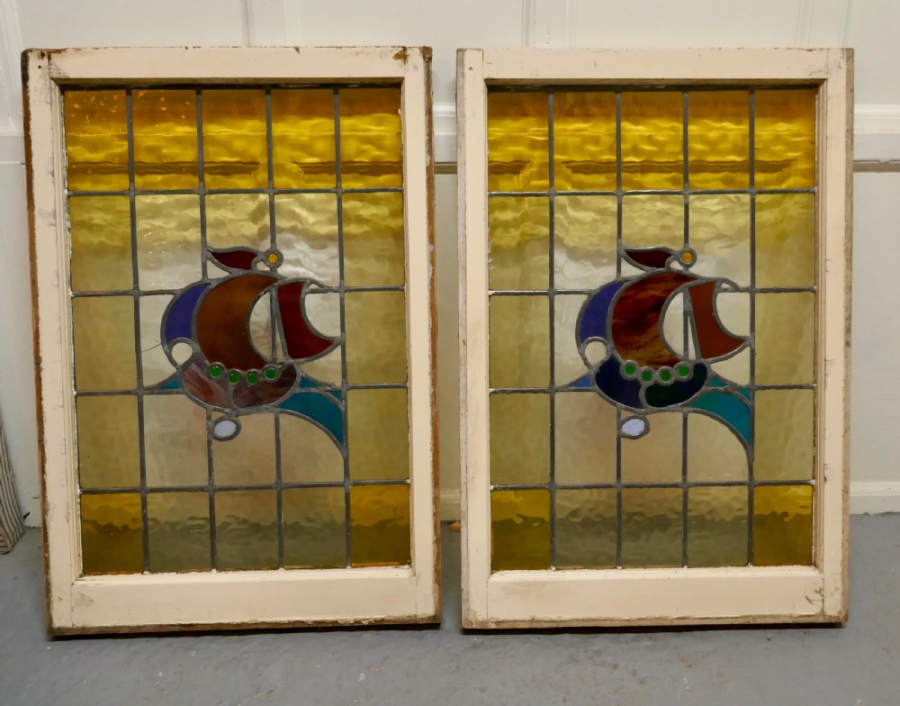 pair 19th century art nouveau stained glass windows with ships