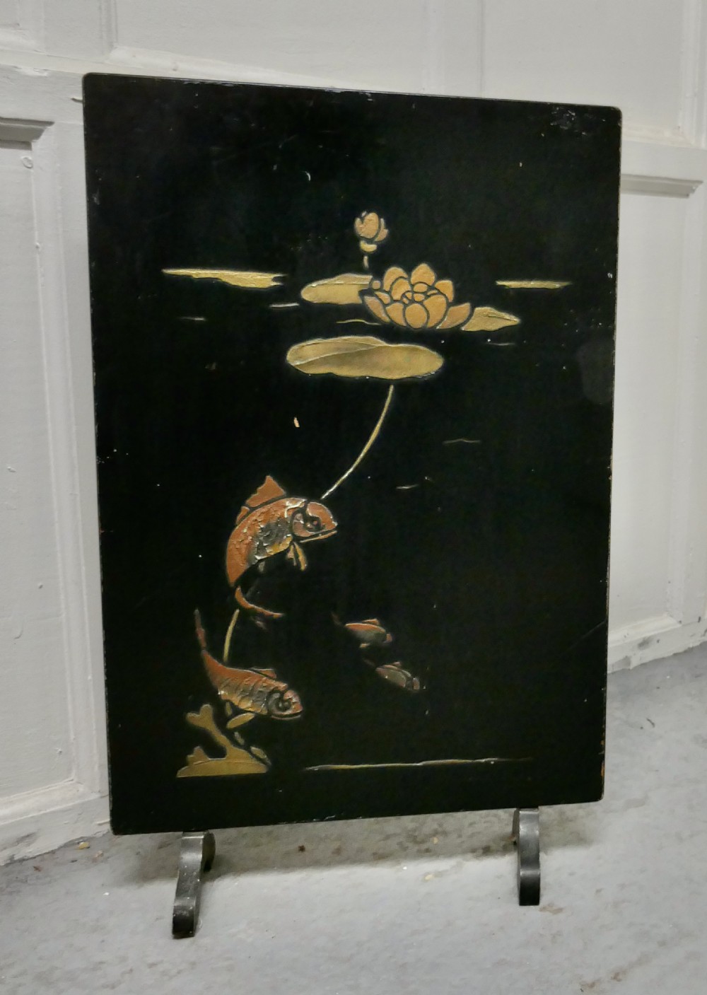 19th century japanese lacquer fire screen decorated with carp
