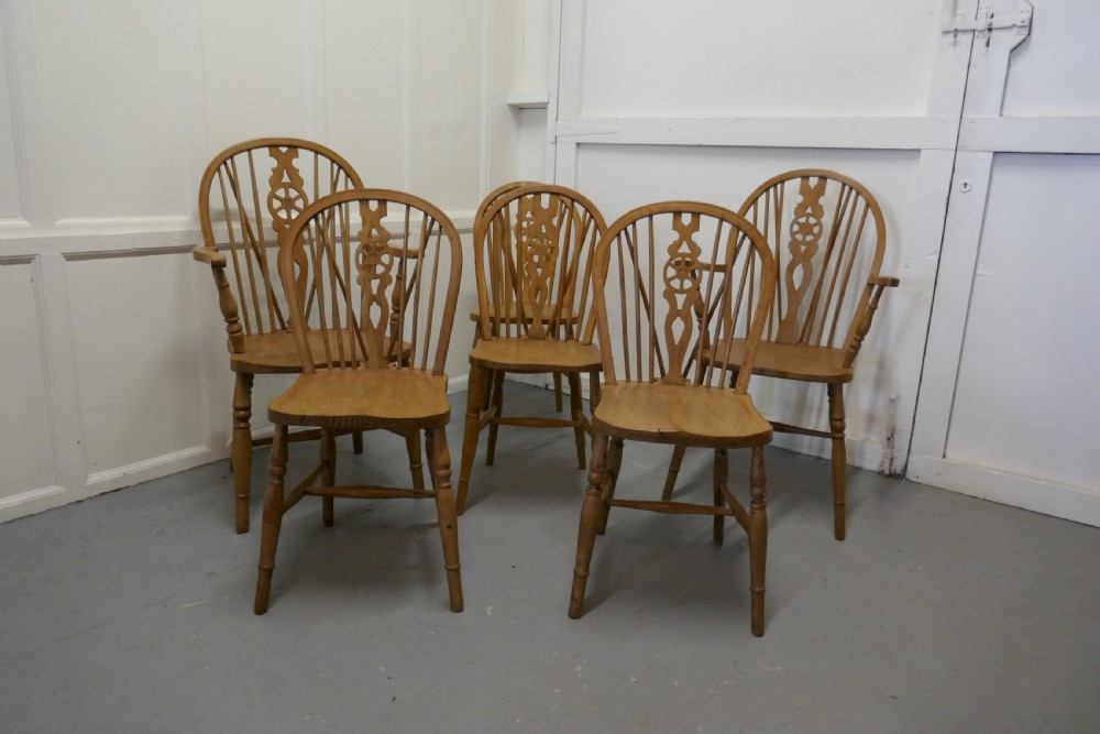 set of 6 beech elm wheel back windsor kitchen dining chairs
