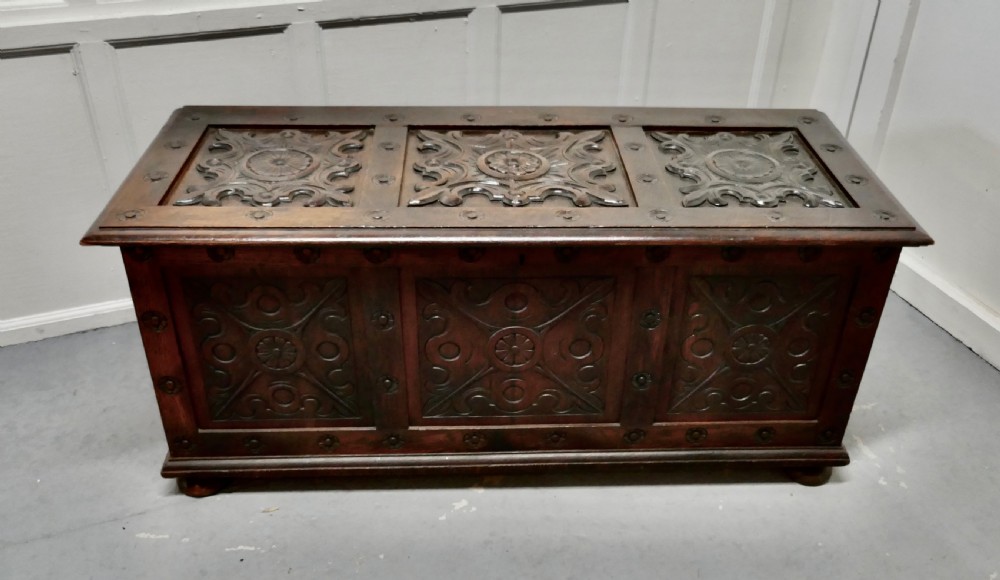 large 18th century carved oak coffer