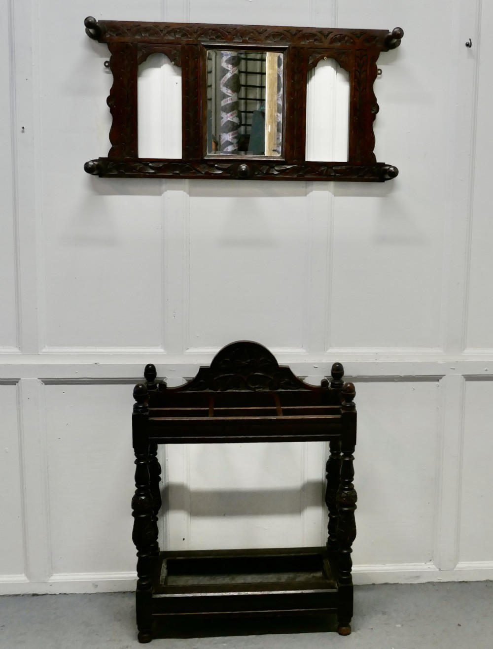 a victorian carved oak hall stand matching mirror set